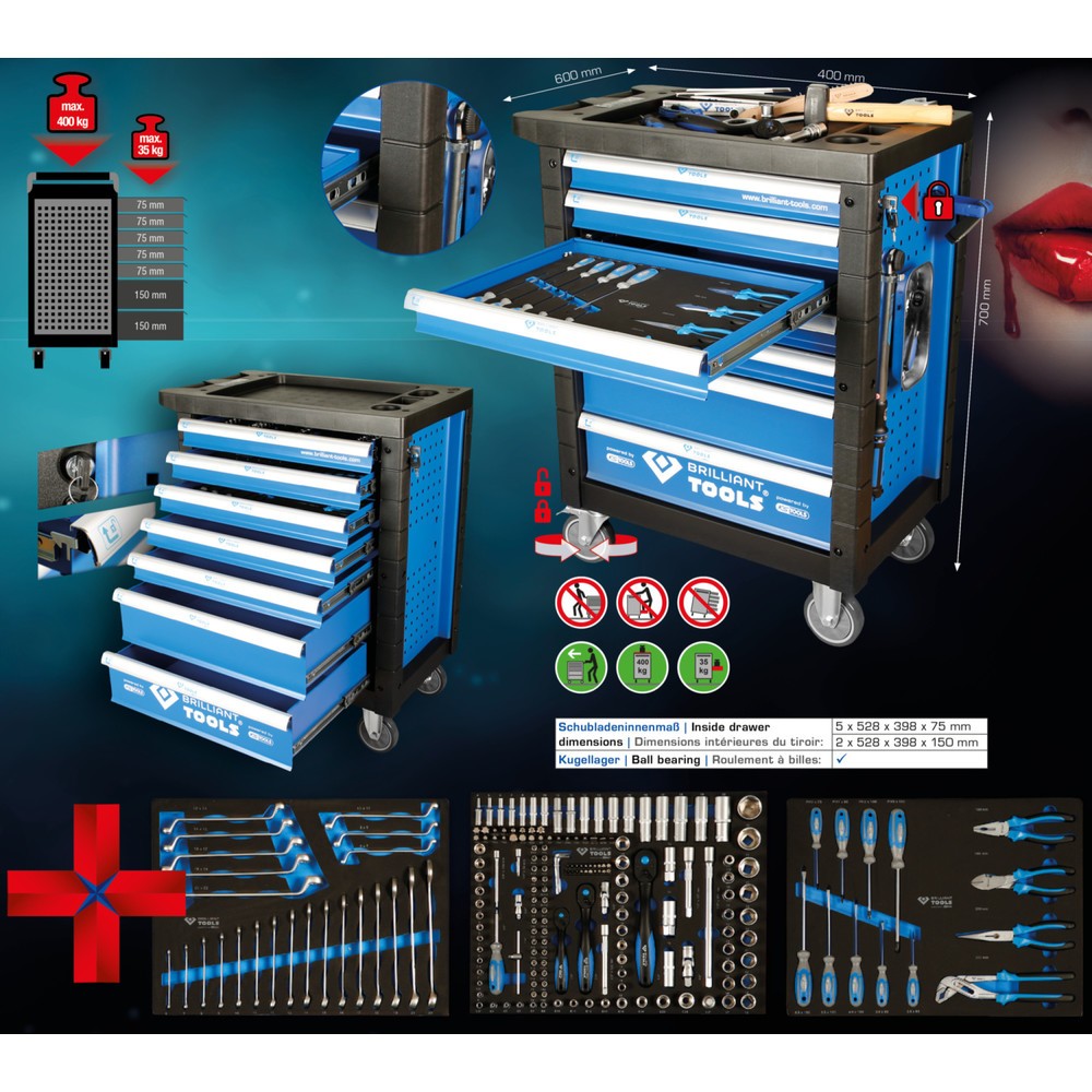 BRILLIANT TOOLS BLAU/SILBER Werkstattwagen mit 7 Schubladen und 207 Premium-Werkzeugen