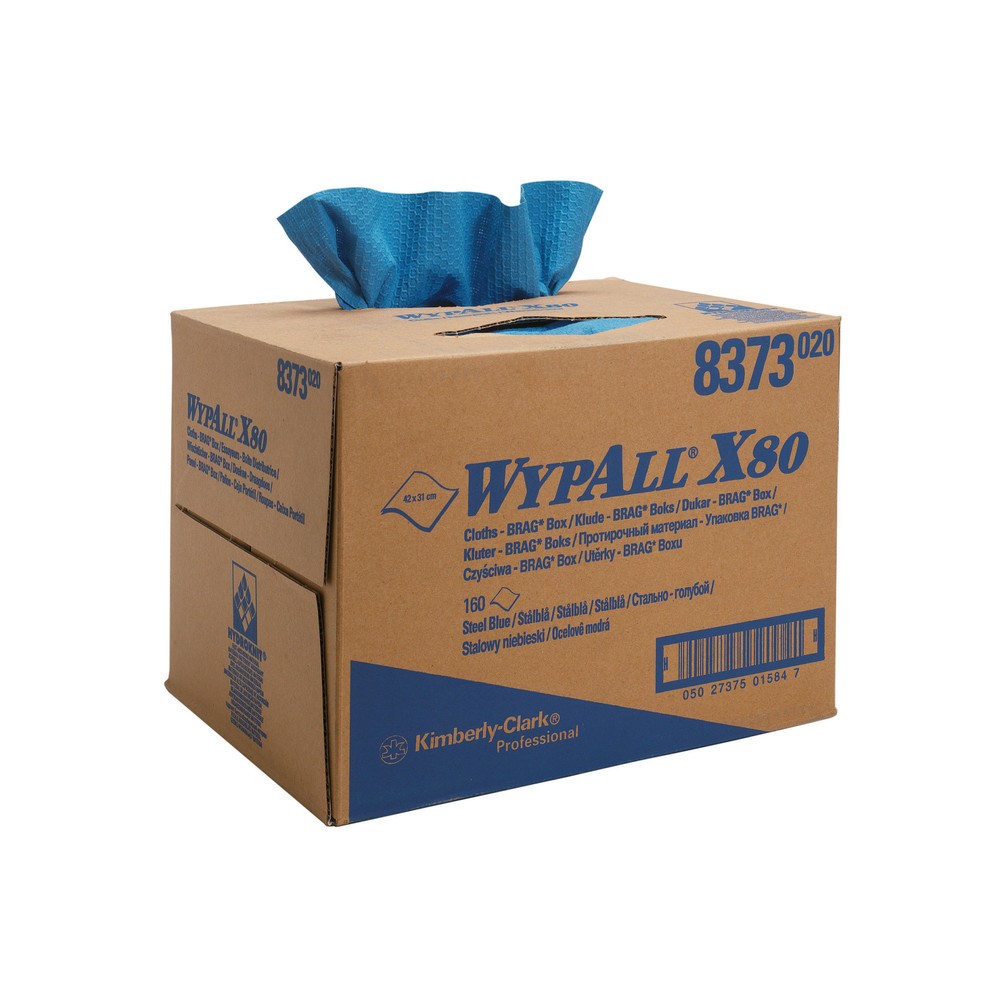 Für Industrie, Fertigung und Werkstatt: Wischtücher WypAll® X80 Mit den Reinigungstüchern WypAll® X80 entfernen Sie Fett, Öl, Lösungsmittel und starke Verunreinigungen. Aufgrund ihrer Struktur sind diese Reinigungstücher widerstandsfähig und können mehrfach für Reinigungsarbeiten verwendet werden. Dadurch sparen Sie Ressourcen und Kosten. Die Mehrweg-Tücher WypAll® X80 bestehen aus chlorfrei gebleichtem HYDROKNIT. Das Material setzt sich aus Zellulosefasern (80 %) und Polypropylen (20 %) zusammen. Beide Bestandteile sind so miteinander verwoben, dass eine textilähnliche Struktur entsteht, die robust und saugstark ist. Sie erhalten die Wischtücher als Rolle mit Perforierung (1 x 475 Tücher) für einen gleichmäßigen und sparsamen Verbrauch, in der BRAG-Spenderbox (1 x 160 Tücher) oder in der Zupfbox (5 x 80 Tücher) für hygienischen Schutz. Kaufen Sie die WypAll® X80 Wischtücher auf der Rolle oder in der Spenderbox hier bei uns.WypAll® Wischtücher X80, HxB 427 x 282 mm, BRAG-Box, weiß WypAll® Wischtücher X80, HxB 427 x 282 mm, BRAG-Box, weiß