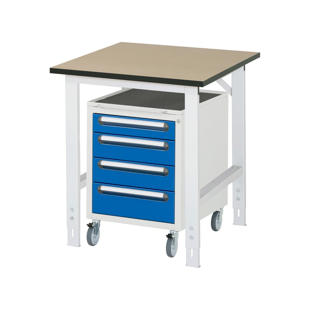 Obrázok výrobku: 2-dielna dielenská súprava TOM, s pracovným stolom, v × š × h 760 – 1 080 × 750 × 800 mm, pracovná doska z MDF, plus mobilný kontajner s 3 zásuv., v × š × h 690 × 480 × 600 mm