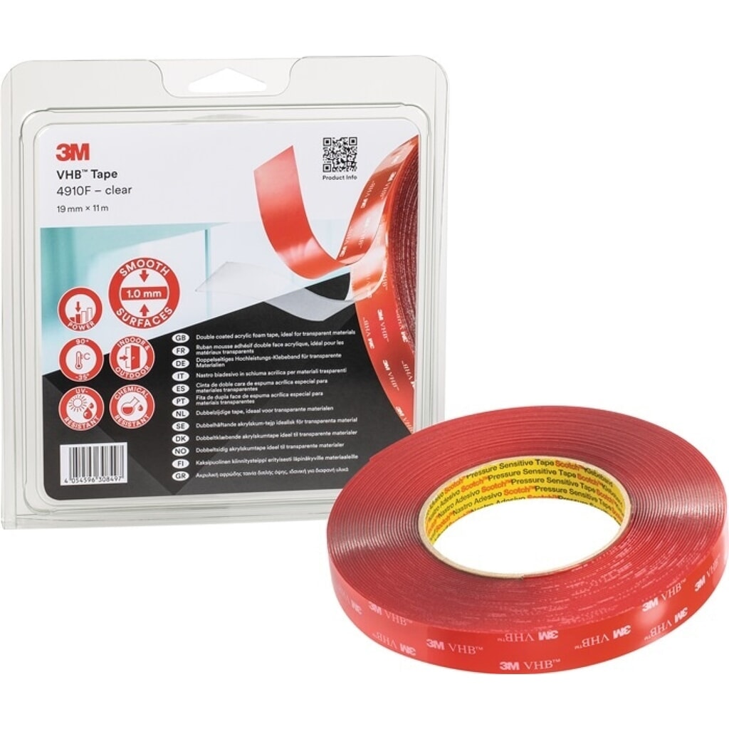 3M™ Montageband VHB Tape 4910F, Länge 11 m Breite 19 mm, transparent, Rolle Produktabbildung: 3M™ Montageband VHB Tape 4910F, Länge 11 m Breite 19 mm, transparent, Rolle