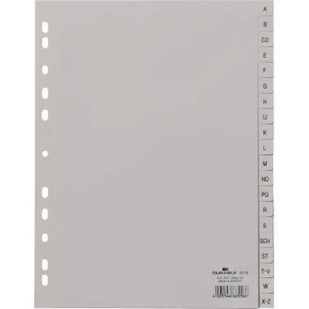 DURABLE Register 651010 DIN A4 volldeckend A-Z 20tlg. PP grau Produktabbildung: DURABLE Register 651010 DIN A4 volldeckend A-Z 20tlg. PP grau