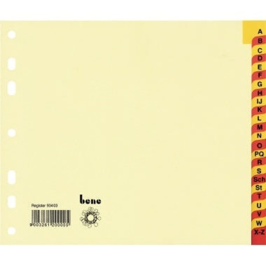 Bene Register 93403 A-Z DIN A4 halbe Höhe 24teilig ch Taben rt/ge Produktabbildung: Bene Register 93403 A-Z DIN A4 halbe Höhe 24teilig ch Taben rt/ge