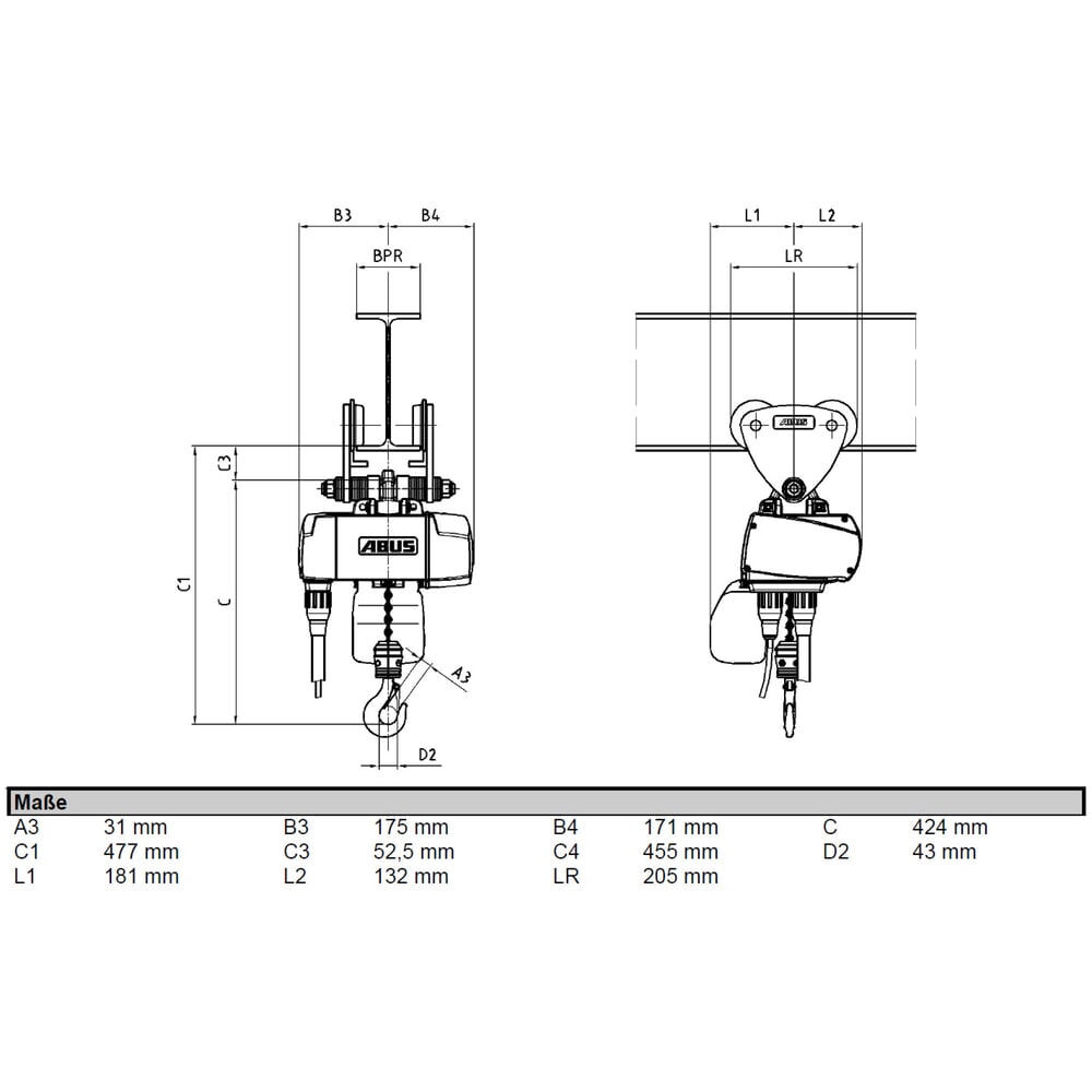 Produktabbildung Nr. 3: ABUS Elektrokettenzug GM2, Handfahrwerk, TK 500 kg, 3 m Hakenweg