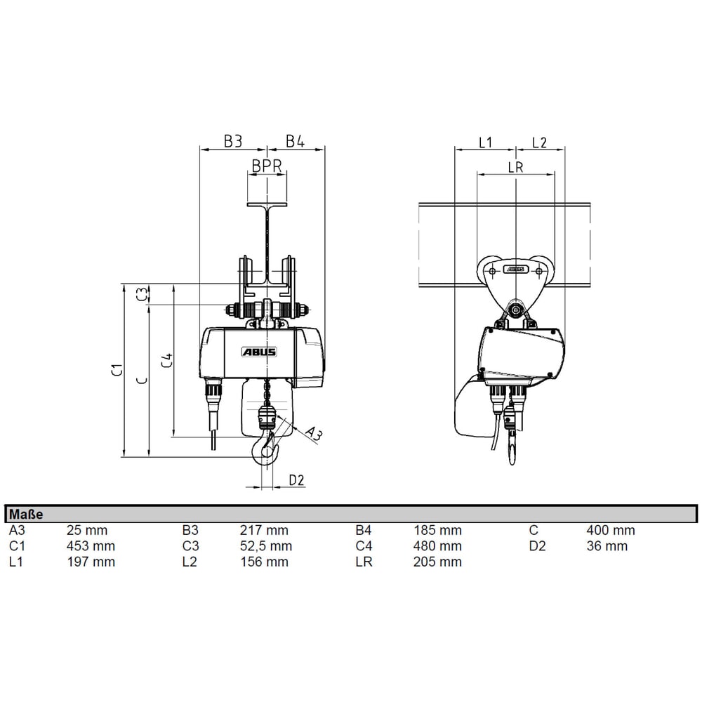 Produktabbildung Nr. 3: ABUS Elektrokettenzug GM4, Handfahrwerk, TK 500 kg, 3 m Hakenweg
