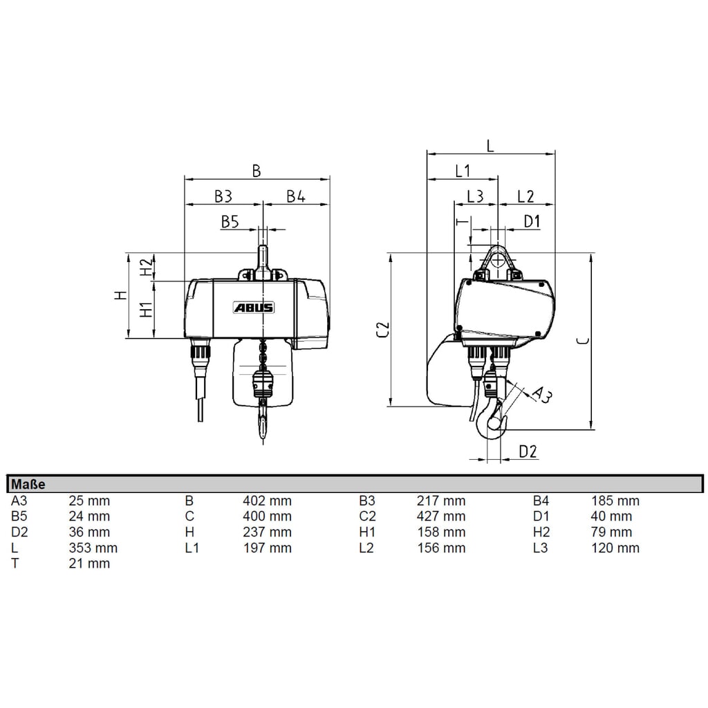 ABUS Elektrokettenzug GM4, stationär, TK 500 kg, 3 m Hakenweg Produktabbildung Nr. 2: ABUS Elektrokettenzug GM4, stationär, TK 500 kg, 3 m Hakenweg