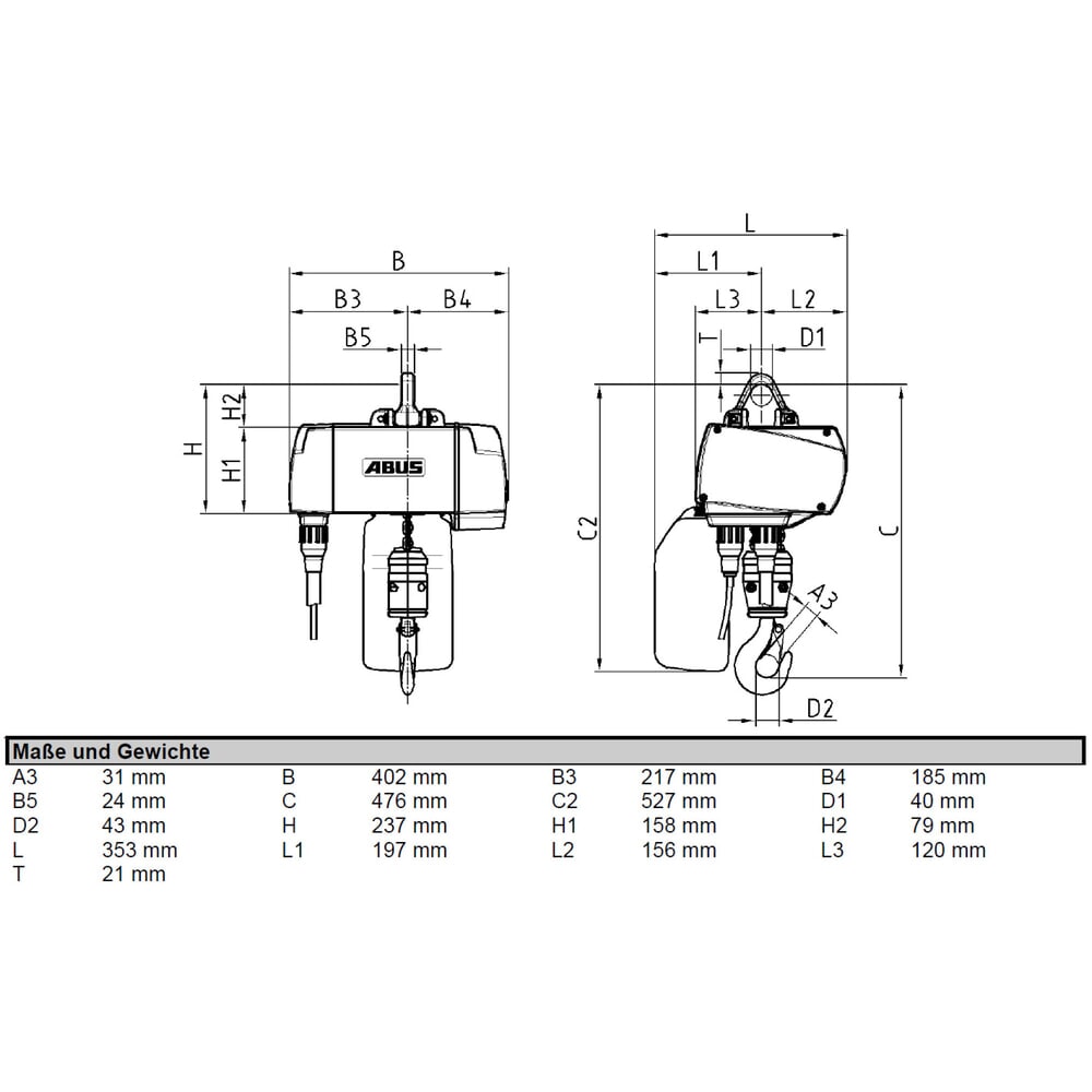 Produktabbildung Nr. 2: ABUS Elektrokettenzug GM4, stationär, TK 1.000 kg, 3 m Hakenweg