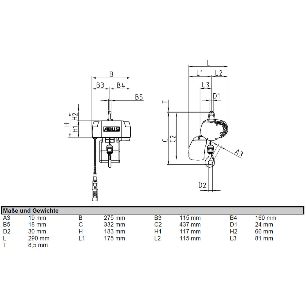 Produktabbildung Nr. 2: ABUS Elektrokettenzug GMC, stationär, TK 125 kg, 6 m Hakenweg