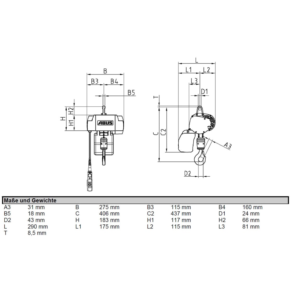 Produktabbildung Nr. 2: ABUS Elektrokettenzug GMC, stationär, TK 250 kg, 3 m Hakenweg