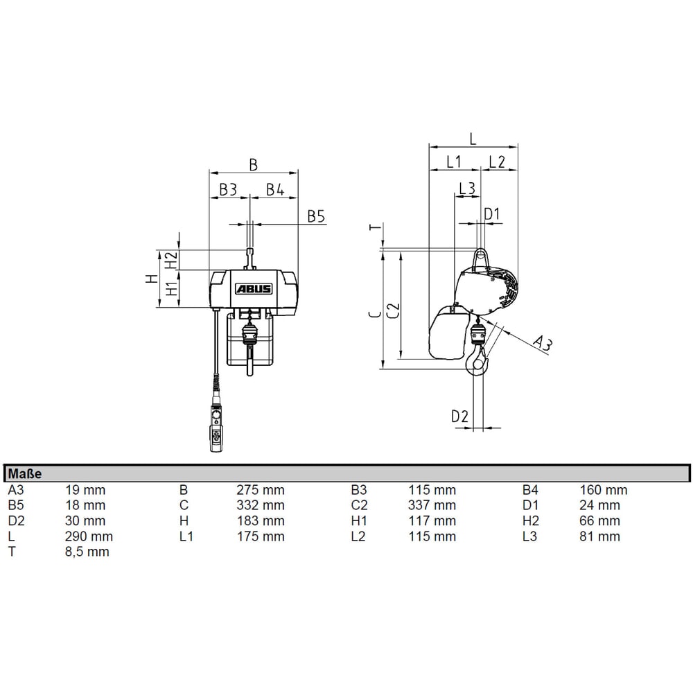 Produktabbildung Nr. 2: ABUS Elektrokettenzug GMC, stationär, TK 125 kg, 3 m Hakenweg