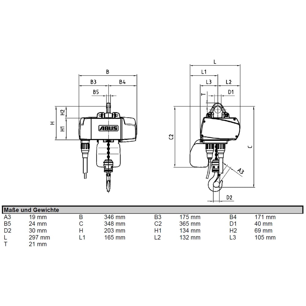 N° de l'image du produit 2 : ABUS Palan électrique à chaîne GM2, stationnaire, capacité de charge 125 kg, course du crochet 3 m