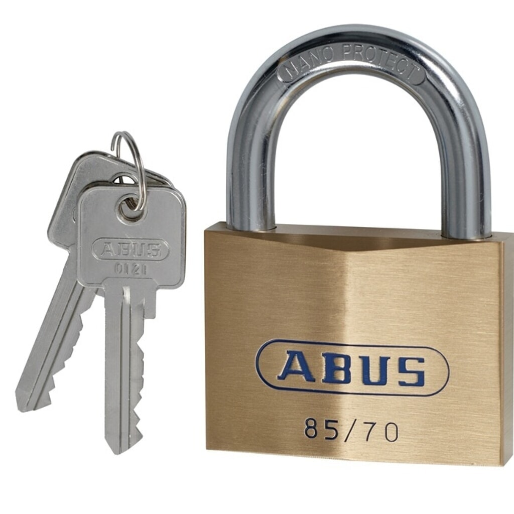 Produktabbildung: ABUS Zylindervorhangschloss 85/70 gl, Messing gleichschließend 0121, Schlosskörperbreite 70 mm