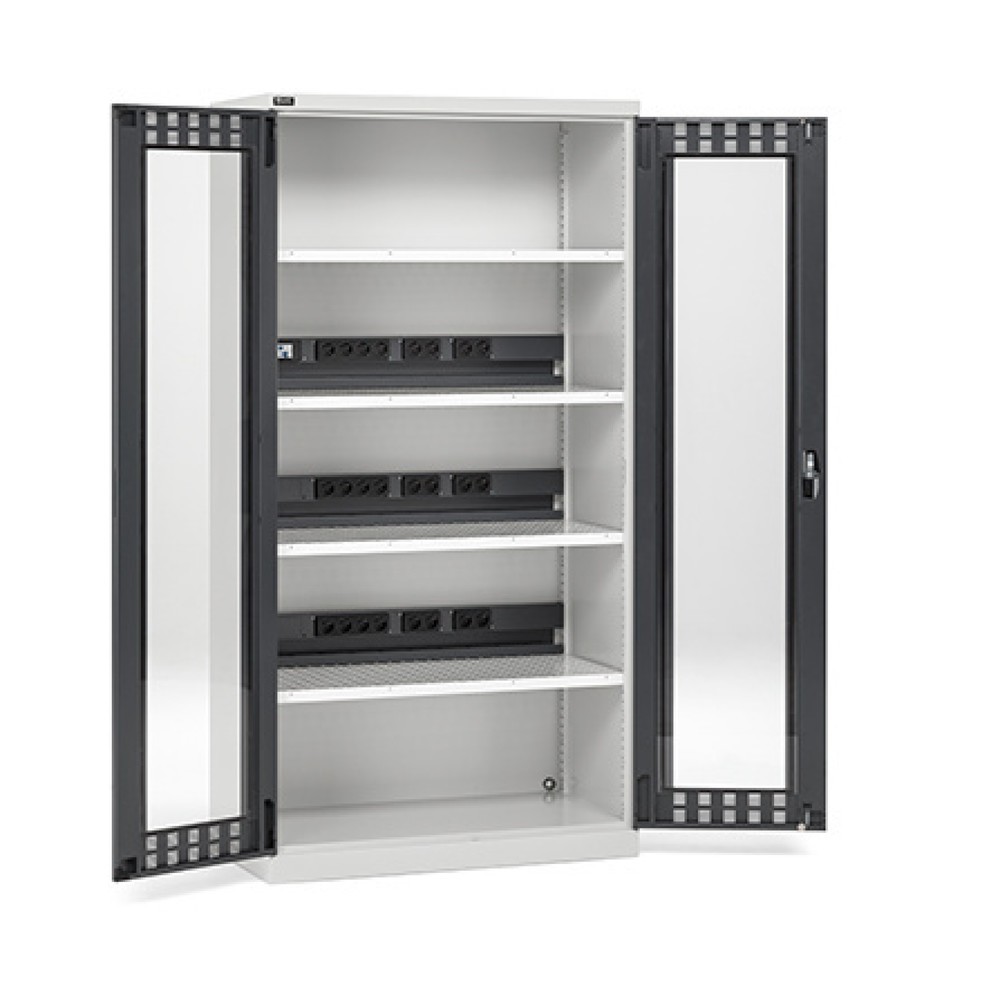 Product afbeelding: Acculaadkast Fami PERFOM acculaadkast met kijkvensters, draagvermogen 1.200 kg, 4 geperforeerde legborden, hxbxd 2.000 x 1.023 x 726 mm, lichtgrijs, antraciet