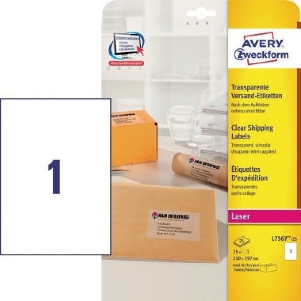 Avery Zweckform Adressetikett L7567-25 transparent 25 St./Pack. Produktabbildung: Avery Zweckform Adressetikett L7567-25 transparent 25 St./Pack.
