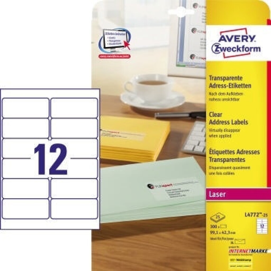 Avery Zweckform Adressetikett L4772-25 transparent 300 St./Pack. Produktabbildung: Avery Zweckform Adressetikett L4772-25 transparent 300 St./Pack.