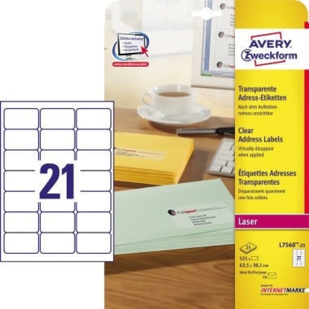 Avery Zweckform Adressetikett L7560-25 63,5x38,1mm 525 St./Pack. Produktabbildung: Avery Zweckform Adressetikett L7560-25 63,5x38,1mm 525 St./Pack.