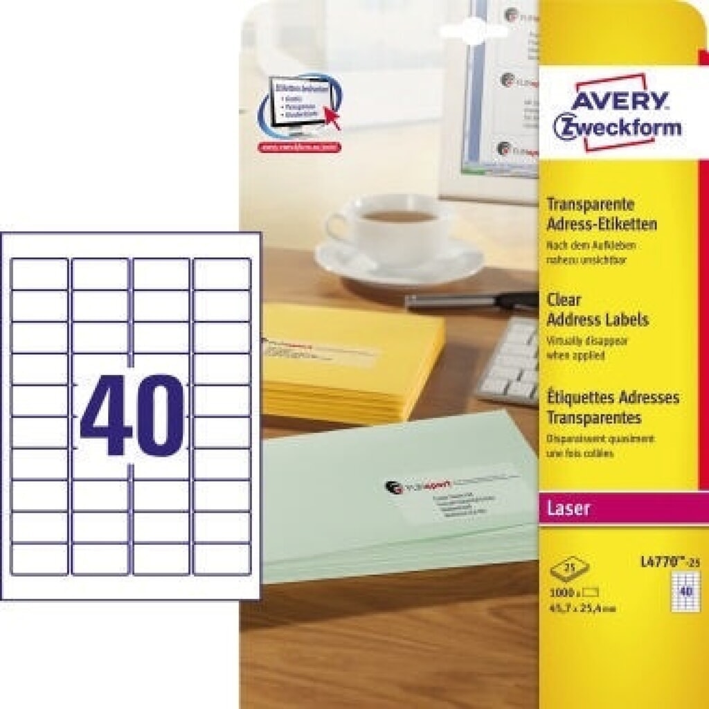Avery Zweckform Adressetikett L4770-25 transparent 1000 St./Pack. Produktabbildung: Avery Zweckform Adressetikett L4770-25 transparent 1000 St./Pack.