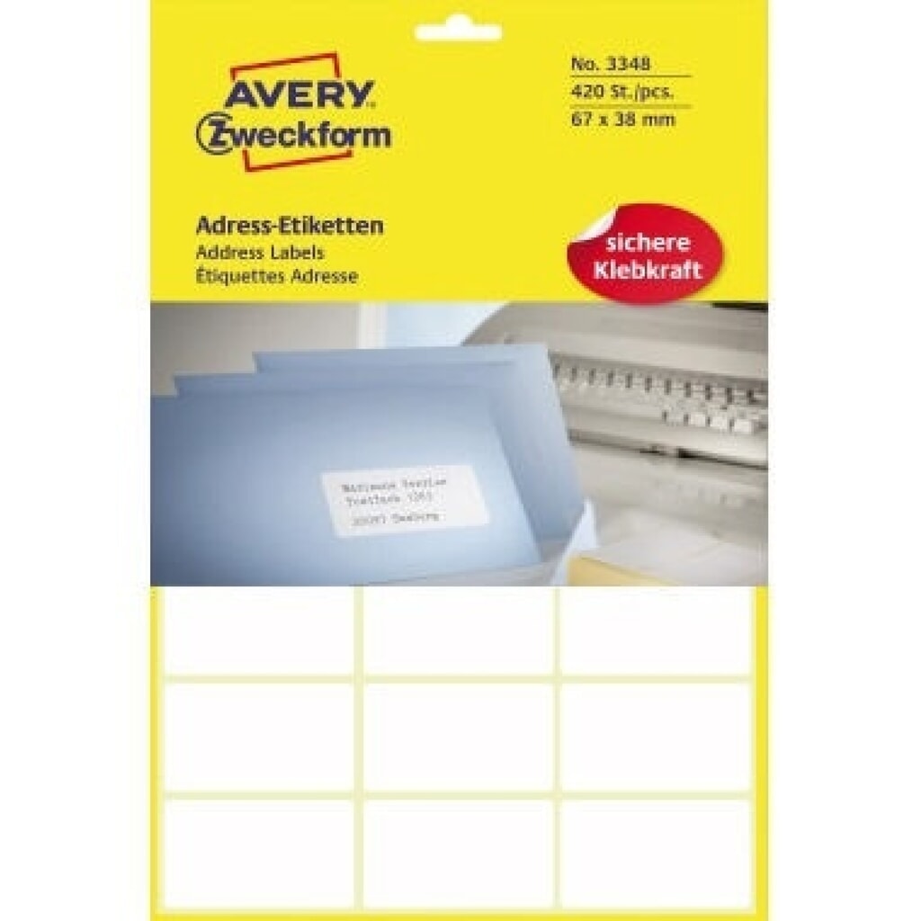 Avery Zweckform Adressetikett 3348 67x38mm weiß 420 St./Pack. Produktabbildung: Avery Zweckform Adressetikett 3348 67x38mm weiß 420 St./Pack.