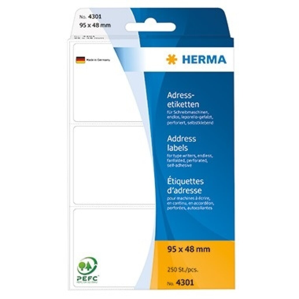 HERMA Adressetikett 4301 95x48mm weiß 250 St./Pack. Produktabbildung Nr. 1: HERMA Adressetikett 4301 95x48mm weiß 250 St./Pack.
