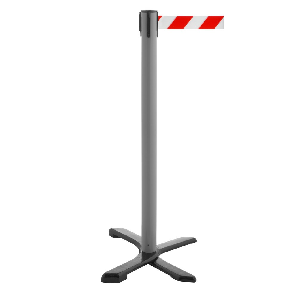 Product afbeelding: Afzetpaal met kruisvoet, lintlengte 2,3 m, antraciet, rood/wit diagonaal gestreept