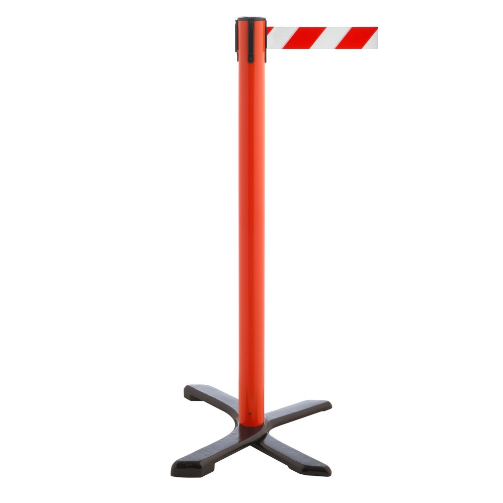 Product afbeelding: Afzetpaal met kruisvoet, lintlengte 4 m, rood, rood/wit diagonaal gestreept