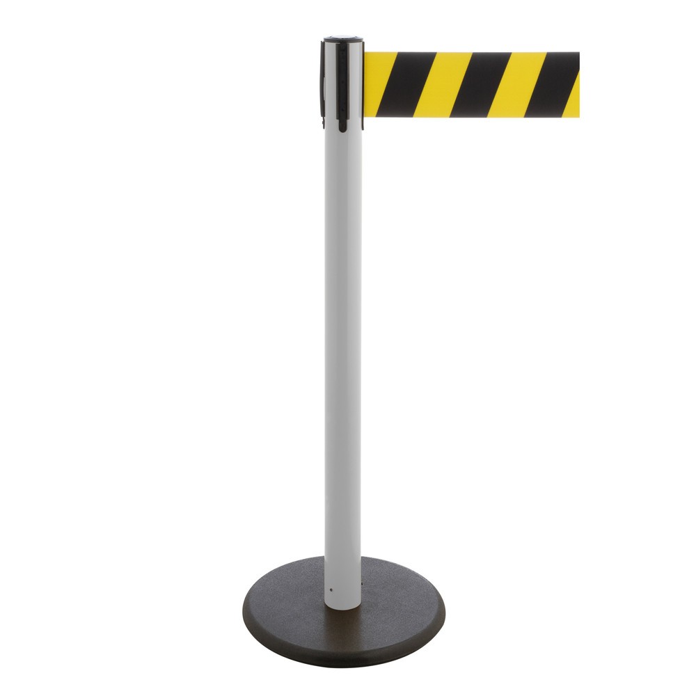 Product afbeelding: Afzetpaal met lint RS-GUIDESYSTEMS®, gietijzeren bodemplaat, lintbreedte 100 mm, wit, zwart/geel diagonaal gestreept, 3,8 m