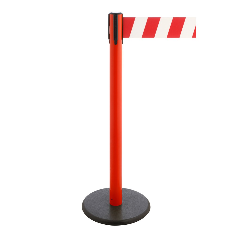Product afbeelding: Afzetpaal met lint RS-GUIDESYSTEMS®, gietijzeren bodemplaat, lintbreedte 100 mm, rood, rood/wit diagonaal gestreept, 3,8 m