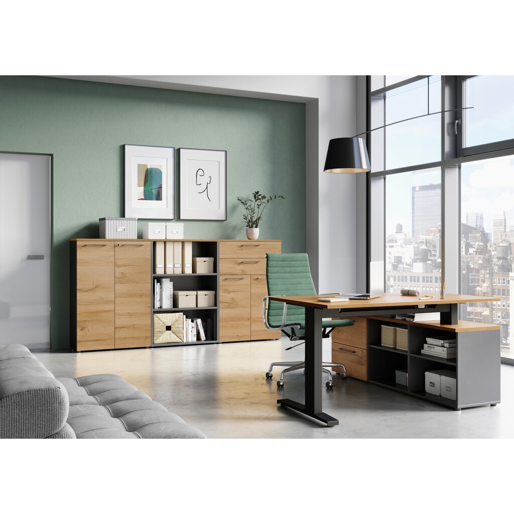 Aktenschrank AGENDA, geschlossen, 2 Flügeltüren, Höhe 1.200 mm, Breite 800 mm, Graphit/Grandson-Eiche-Nb. Produktabbildung: Aktenschrank AGENDA, geschlossen, 2 Flügeltüren, Höhe 1.200 mm, Breite 800 mm, Graphit/Grandson-Eiche-Nb.