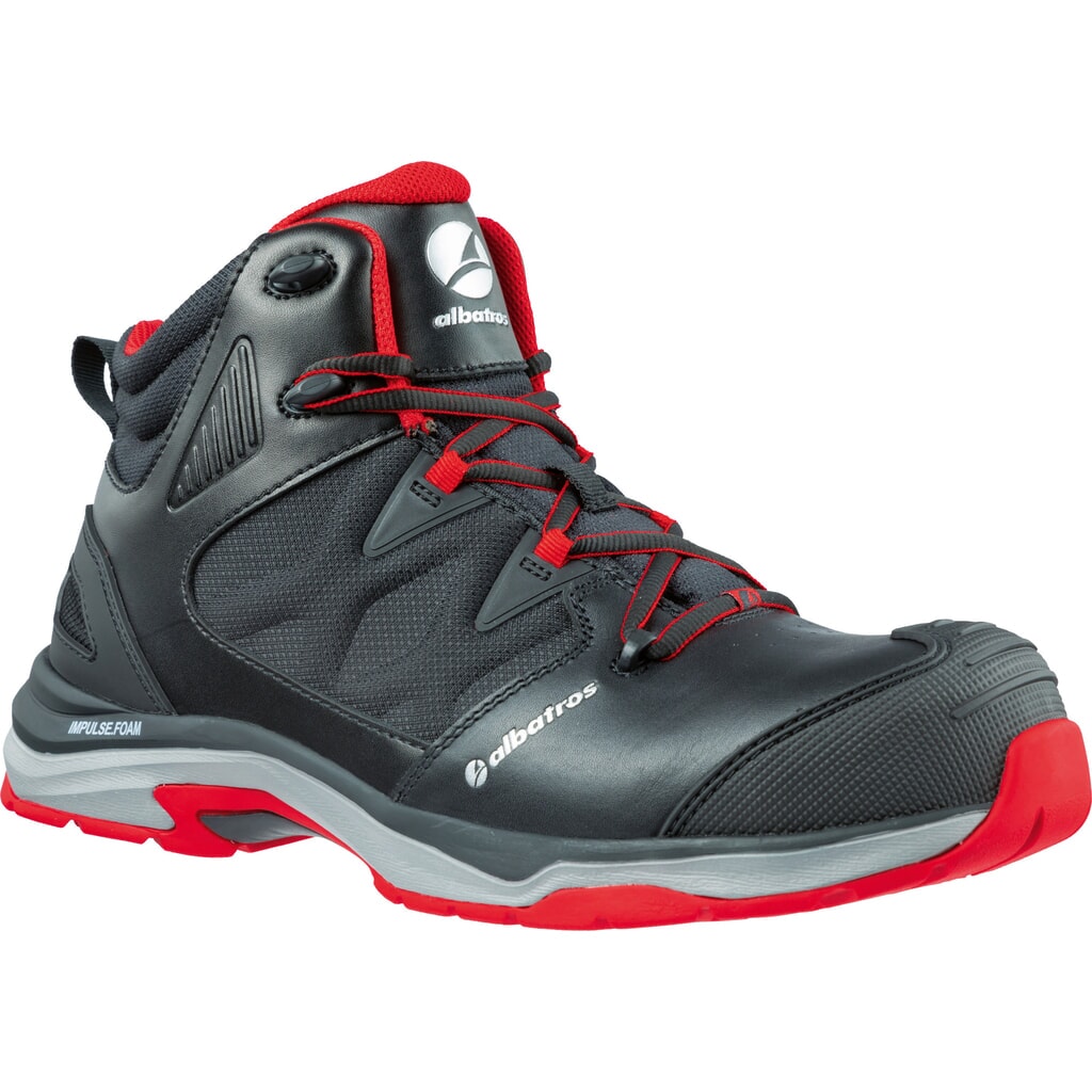 albatros Sicherheitsstiefel ULTRATRAIL BLACK MID S3 ESD HRO SRC Größe 39, schwarz/rot Produktabbildung: albatros Sicherheitsstiefel ULTRATRAIL BLACK MID S3 ESD HRO SRC Größe 39, schwarz/rot