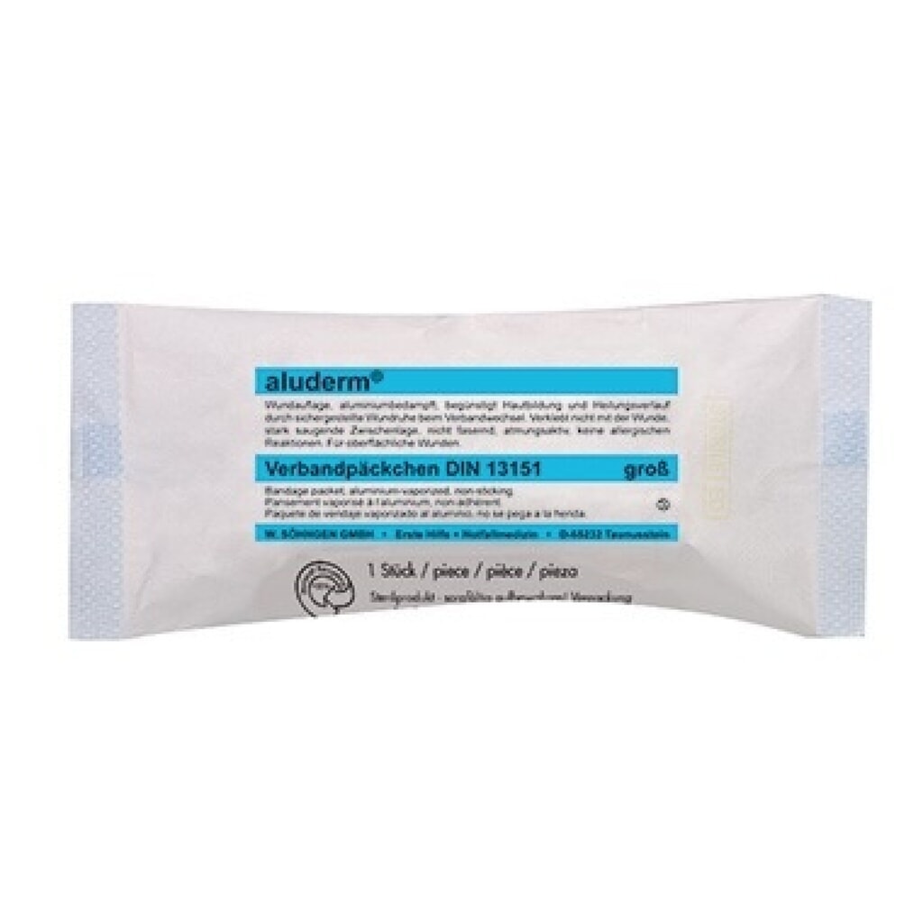 aluderm Verbandpäckchen 1003373 groß 4mx10cm Kompresse 10x12cm Produktabbildung: aluderm Verbandpäckchen 1003373 groß 4mx10cm Kompresse 10x12cm