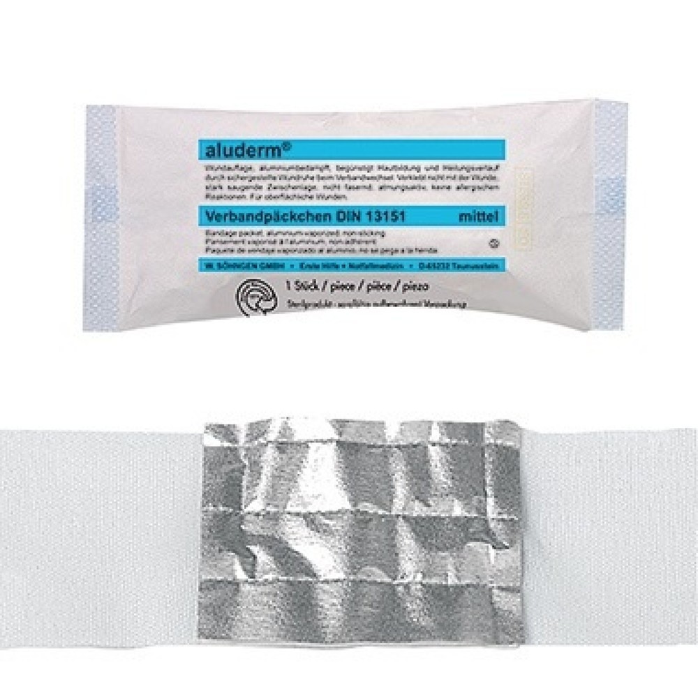 Produktabbildung: aluderm Verbandpäckchen 1003372 mittel 4mx8cm Kompresse 10x12cm