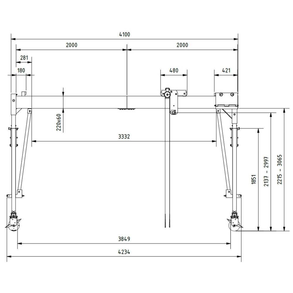 Zdjęcie produktu nr 3: Aluminiowa suwnica bramowa SCHILLING z dzieloną belką, mobilna, wysokość całkowita 3470 mm, udźwig 500 kg