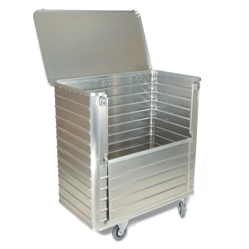 Zdjęcie produktu nr 1: Aluminiowy wózek skrzyniowy z otwieraną do połowy ścianką, 355 l, z pokrywą