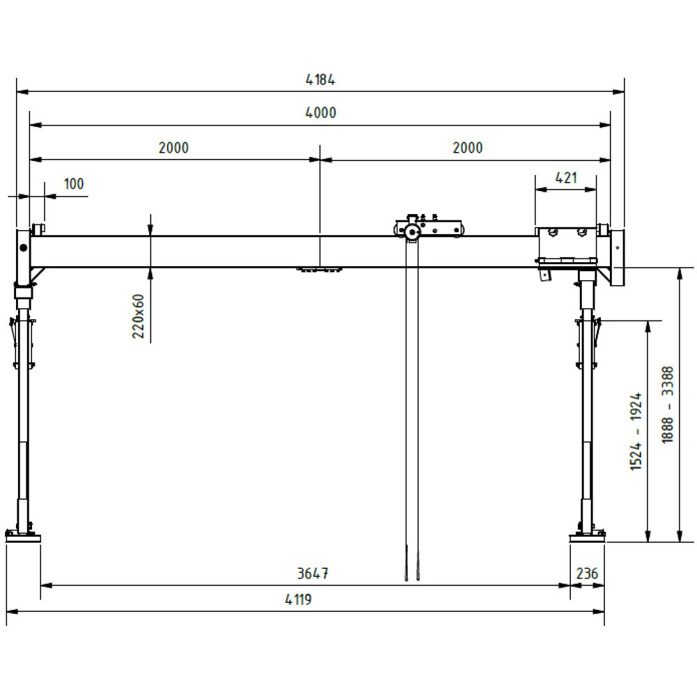 Productafbeelding nr. 2: SCHILLING aluminium portaalkraan met deelbare dubbele traverse, inhaakpunt 2.155-3.655 mm, lengte 4.000 mm, draagvermogen 1.500 kg