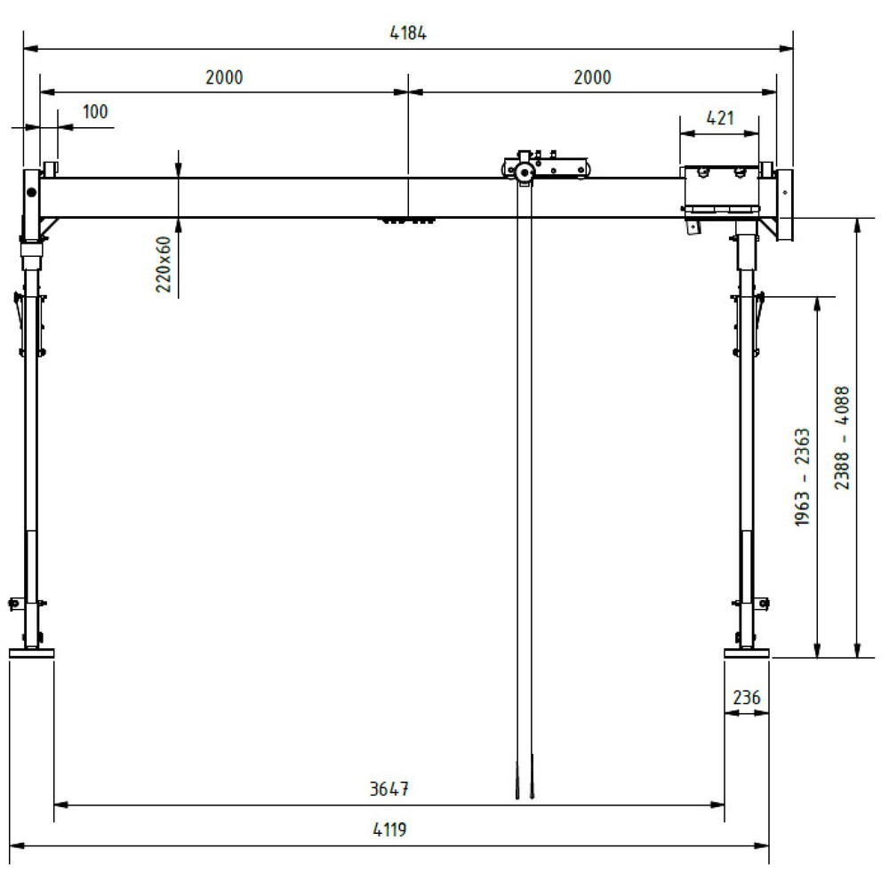 Productafbeelding nr. 2: SCHILLING aluminium portaalkraan met deelbare dubbele traverse, inhaakpunt 2.655-4.355 mm, lengte 4.000 mm, draagvermogen 1.000 kg