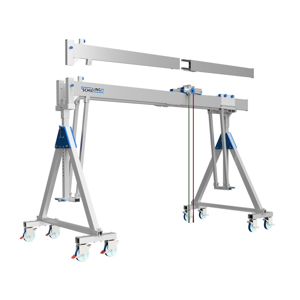 Productafbeelding nr. 1: Aluminium portaalkraan met deelbare dubbele traverse, verrijdbaar, inhaakpunt 2.613-3.363 mm, draagvermogen 3.000 kg