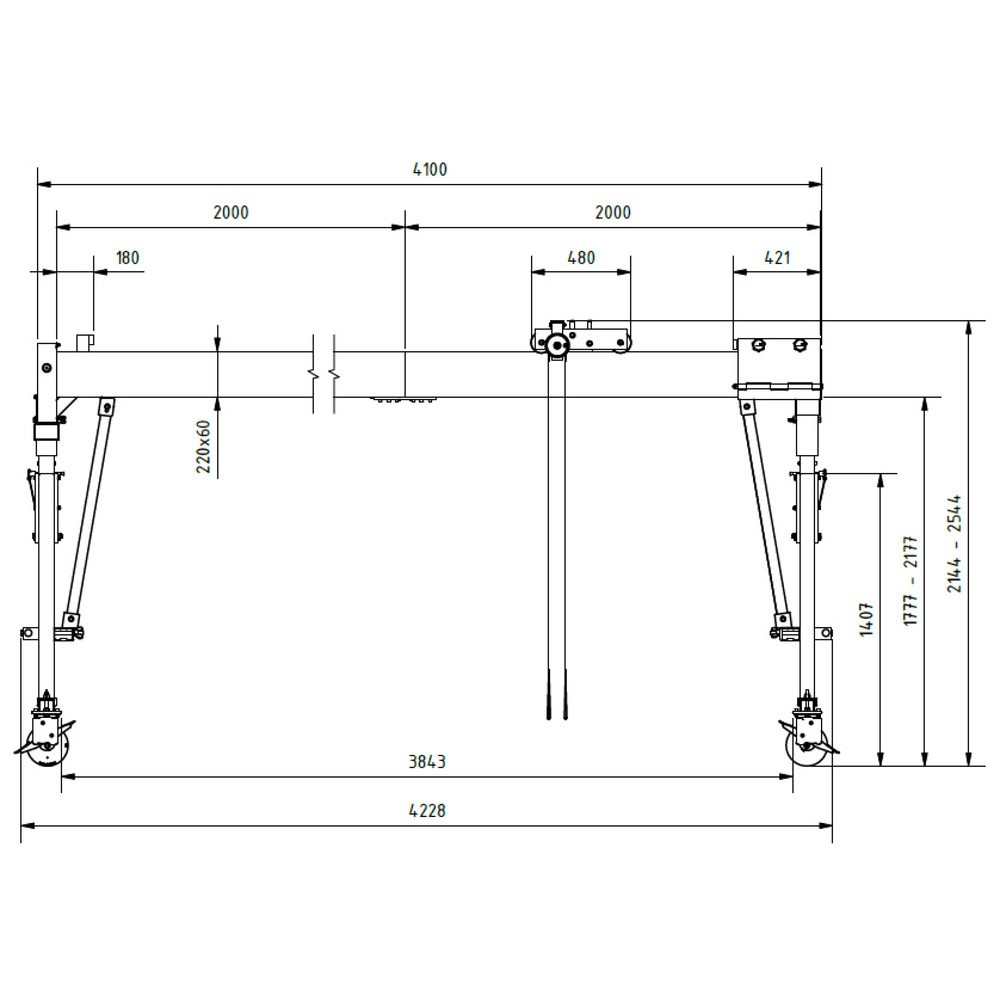 Productafbeelding nr. 3: SCHILLING aluminium portaalkraan met deelbare dubbele traverse, verrijdbaar, inhaakpunt 2.044-2.444 mm, lengte 4.000 mm, draagvermogen 1.500 kg