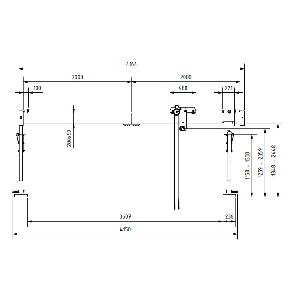 Productafbeelding nr. 2: Aluminium portaalkraan met scheidbare drager, bevestigingspunt 1.249-2.349 mm, lengte 4.000 mm, laadcapaciteit 1.000 kg