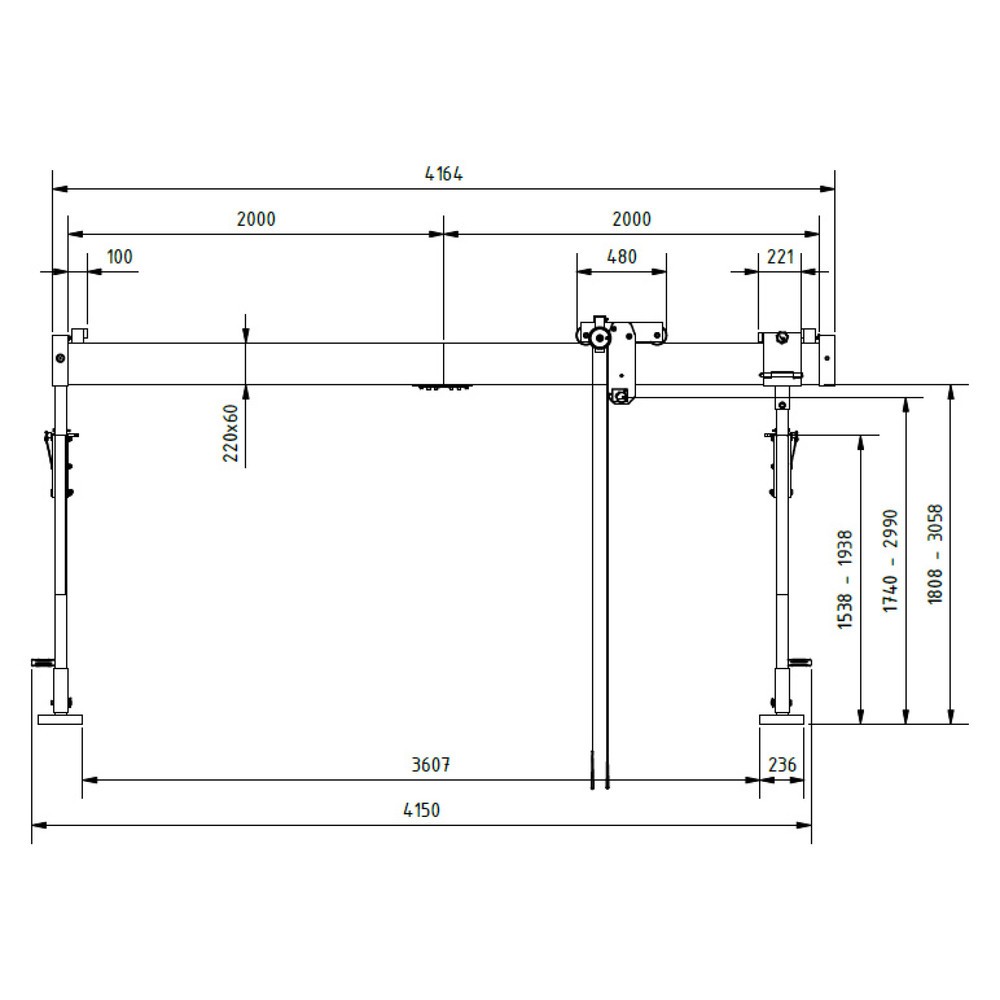 Productafbeelding nr. 2: Aluminium portaalkraan met scheidbare steun, bevestigingspunt 1.730-2.980 mm, lengte 4.000 mm, laadcapaciteit 1.500 kg