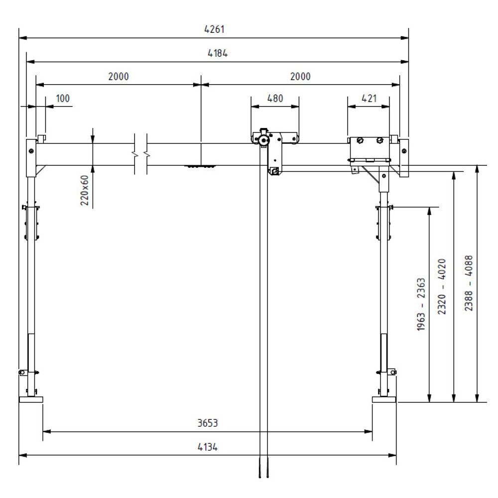 Productafbeelding nr. 2: Aluminium portaalkraan met scheidbare steun, bevestigingspunt 2.310-4.010 mm, lengte 4.000 mm, laadcapaciteit 1.500 kg