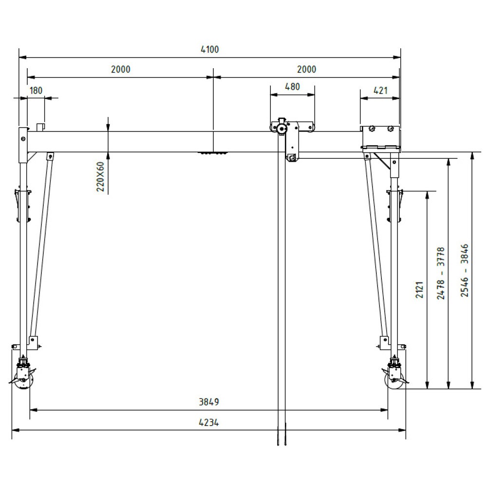 Productafbeelding nr. 2: Aluminium portaalkraan met scheidbare drager, beweegbaar, bevestigingspunt 2.468-3.768 mm, lengte 4.000 mm, laadcapaciteit 1.000 kg