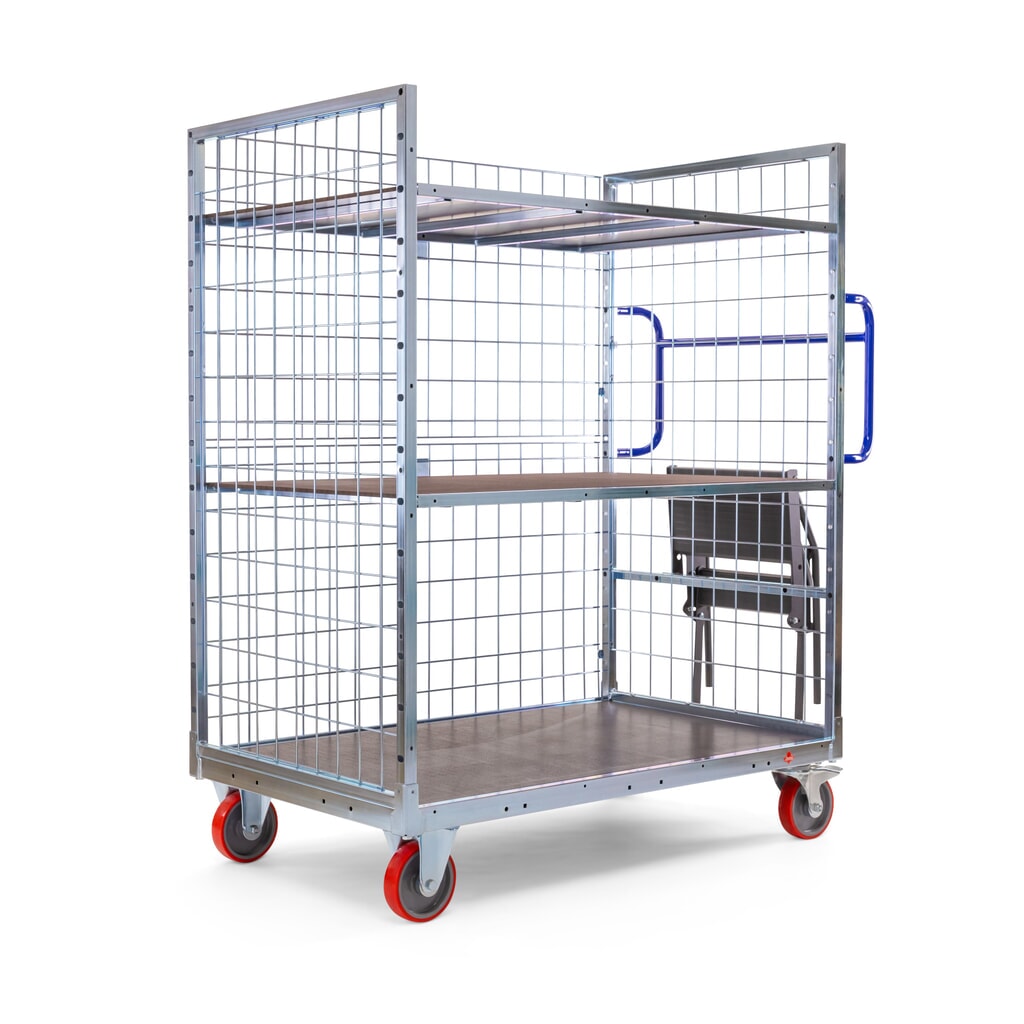 Ameise® Kommissionierwagen AK-XL, 3 Gitterwände, inkl. 1 Zwischenboden, HxBxT 1.605 x 830 x 1.330 mm Produktabbildung: Ameise® Kommissionierwagen AK-XL, 3 Gitterwände, inkl. 1 Zwischenboden, HxBxT 1.605 x 830 x 1.330 mm