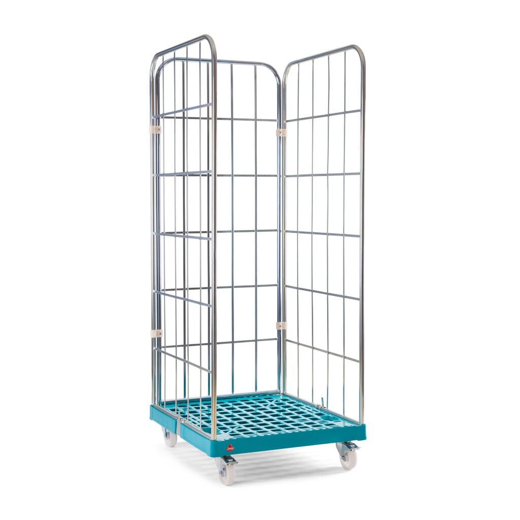 Ameise® Rollbehälter, 3-seitig, grobmaschig, galvanisch verzinkt, Kunststoff-Rollplatte, HxBxT 1.640 x 724 x 815 mm Produktabbildung: Ameise® Rollbehälter, 3-seitig, grobmaschig, galvanisch verzinkt, Kunststoff-Rollplatte, HxBxT 1.640 x 724 x 815 mm