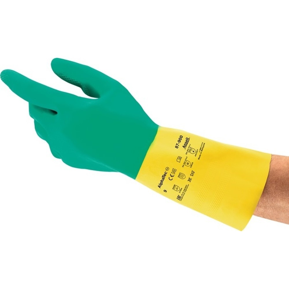 Produktabbildung: Ansell Chemikalienhandschuhe AlphaTec® 87-900, Größe 8,5-9 grün/gelb, EN 388, EN 374, EN 421