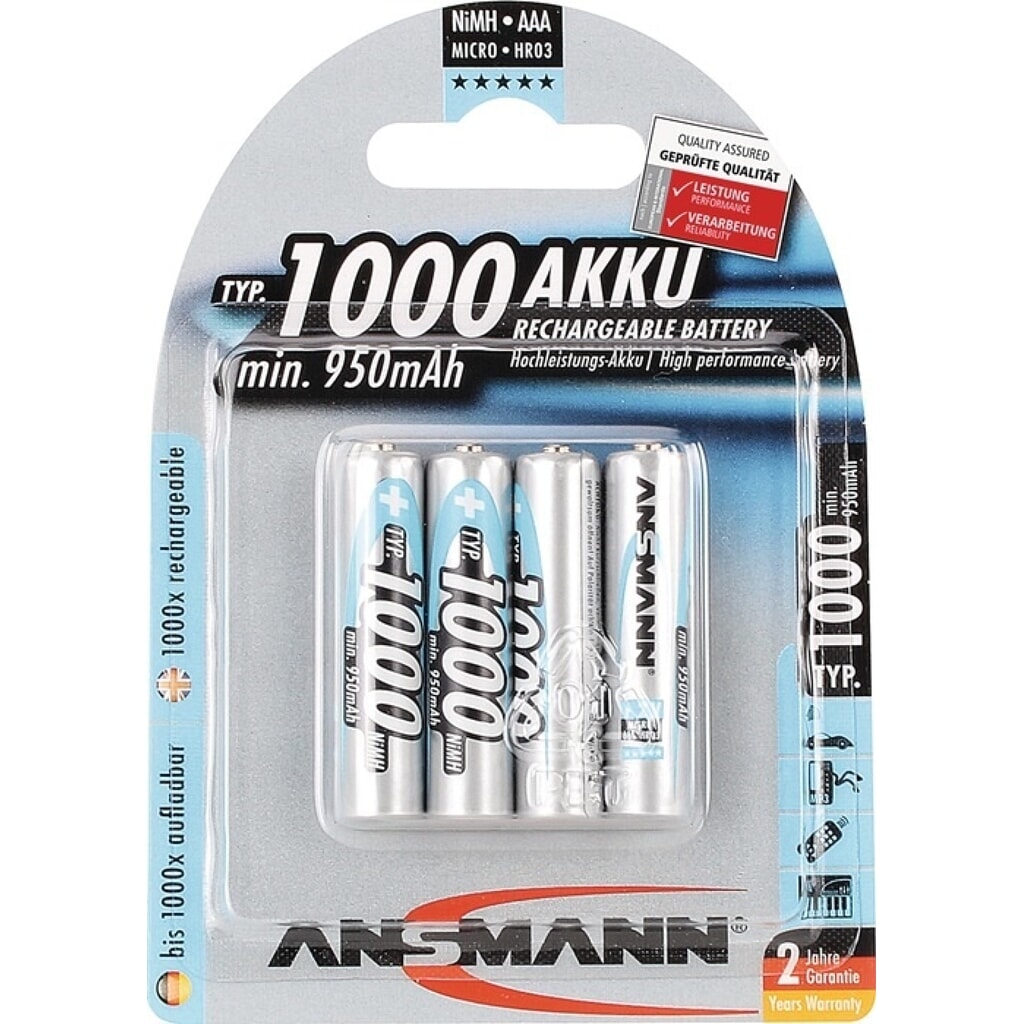 ANSMANN Akkuzelle, R03-AAA-Micro HR03, 1,2 V 1000 mAh, 4St./Blister, 4 Produktabbildung: ANSMANN Akkuzelle, R03-AAA-Micro HR03, 1,2 V 1000 mAh, 4St./Blister, 4