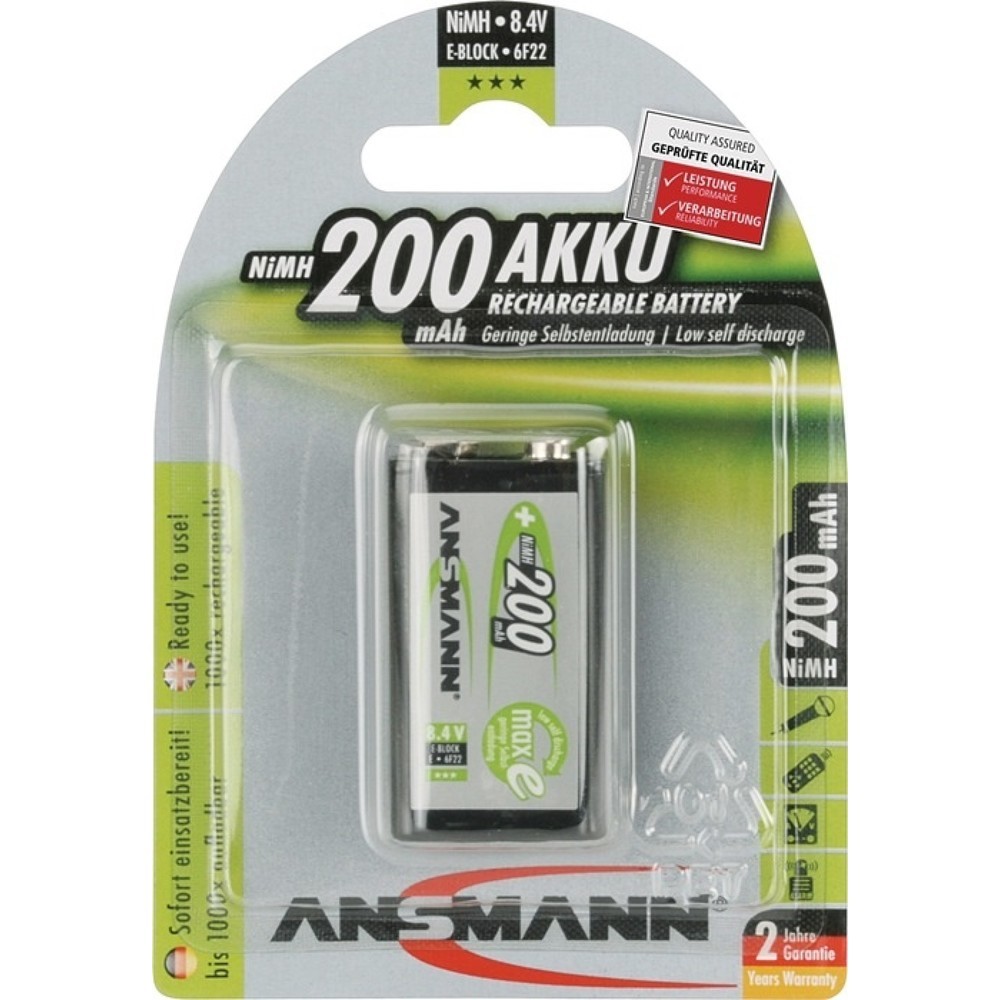 ANSMANN Akkuzelle maxE, 9V E-Block HR9V, 8,4 V 200 mAh, 1St./Blister, 1 Produktabbildung Nr. 1: ANSMANN Akkuzelle maxE, 9V E-Block HR9V, 8,4 V 200 mAh, 1St./Blister, 1