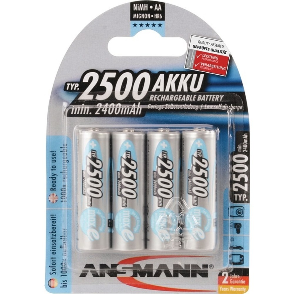 Produktabbildung: ANSMANN Akkuzelle maxE, R6-AA-Mignon HR6, 1,2 V 2500 mAh, 4St./Blister, 4