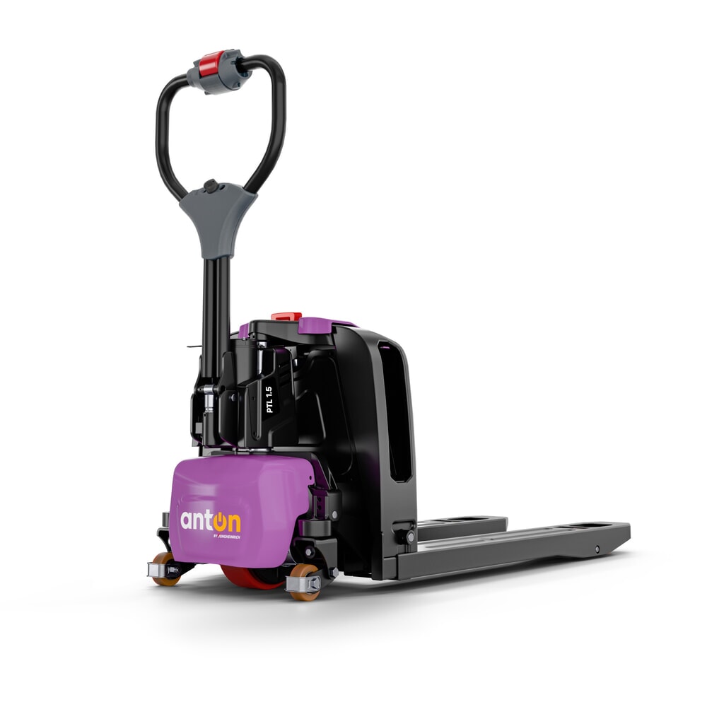 Product image: AntOn by Jungheinrich electric pallet truck PTL 1.5 with support wheels, load capacity 1,500 kg, fork length 1.150 mm