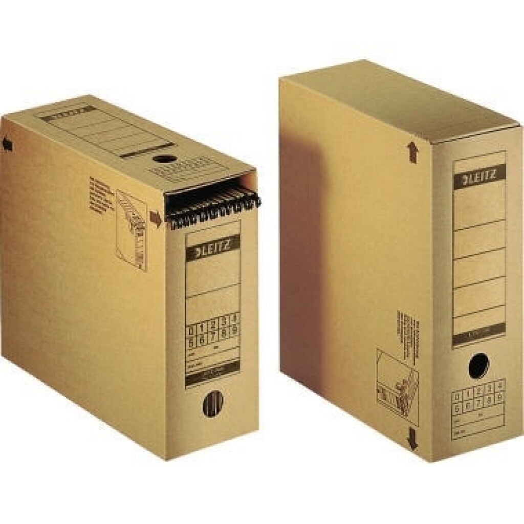 Leitz Archivbox 60860000 DIN A4 max. 116mm Wellpappe natronbraun Produktabbildung: Leitz Archivbox 60860000 DIN A4 max. 116mm Wellpappe natronbraun