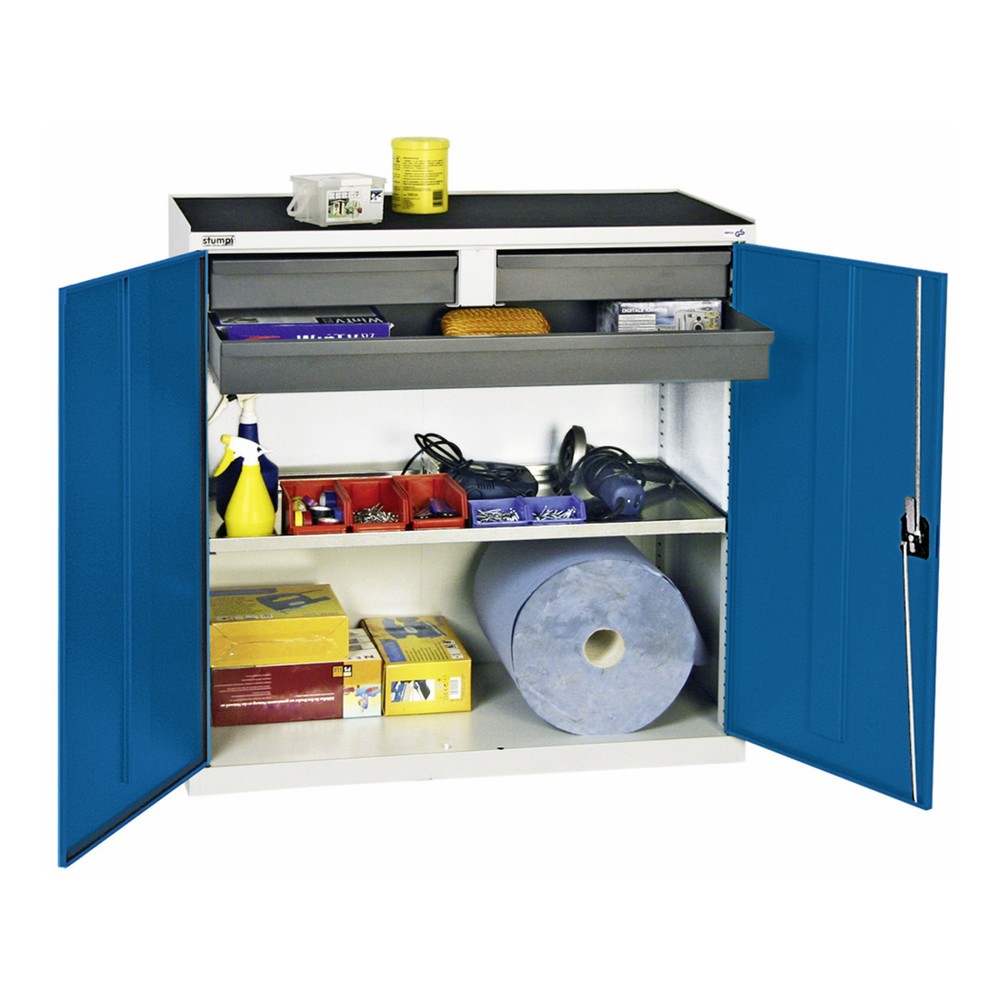 Immagine del prodotto: Armadio ad anta battente con 3 cassetti e 1 vaschetta, AxLxP 1.000 x 1.000 x 500 mm, grigio/blu