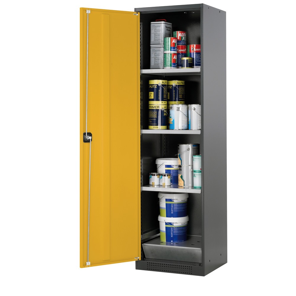 Immagine del prodotto: armadio per sostanze chimiche asecos® CS-CLASSIC, con vasca di raccolta a pavimento con lamiera forata e 3 ripiani, HxBxT 1.950 x 545 x 520 mm, giallo oro